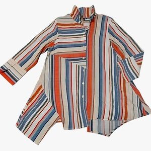 Boho Chic Striped Lagan Look Tunic Blouse Med Side Pockets Tencil Viscose Nylon